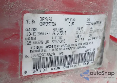 1996 Jeep Cherokee Se z USA, uszkodzony, nr VIN 1J4FN28S4TL282394